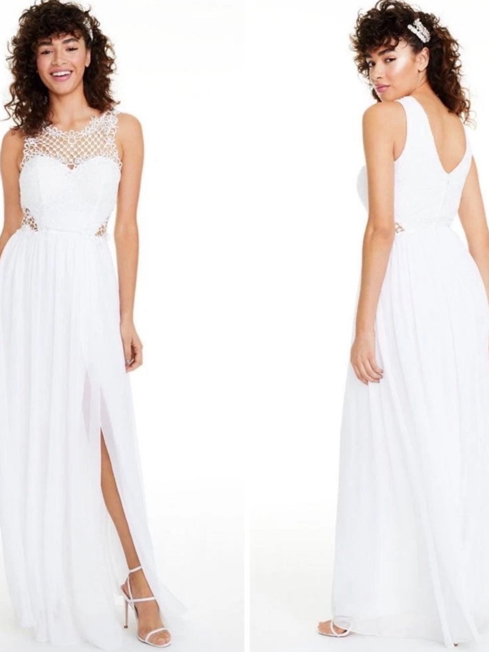 City Studio White Lace Bodice Maxi Dress with High Slit